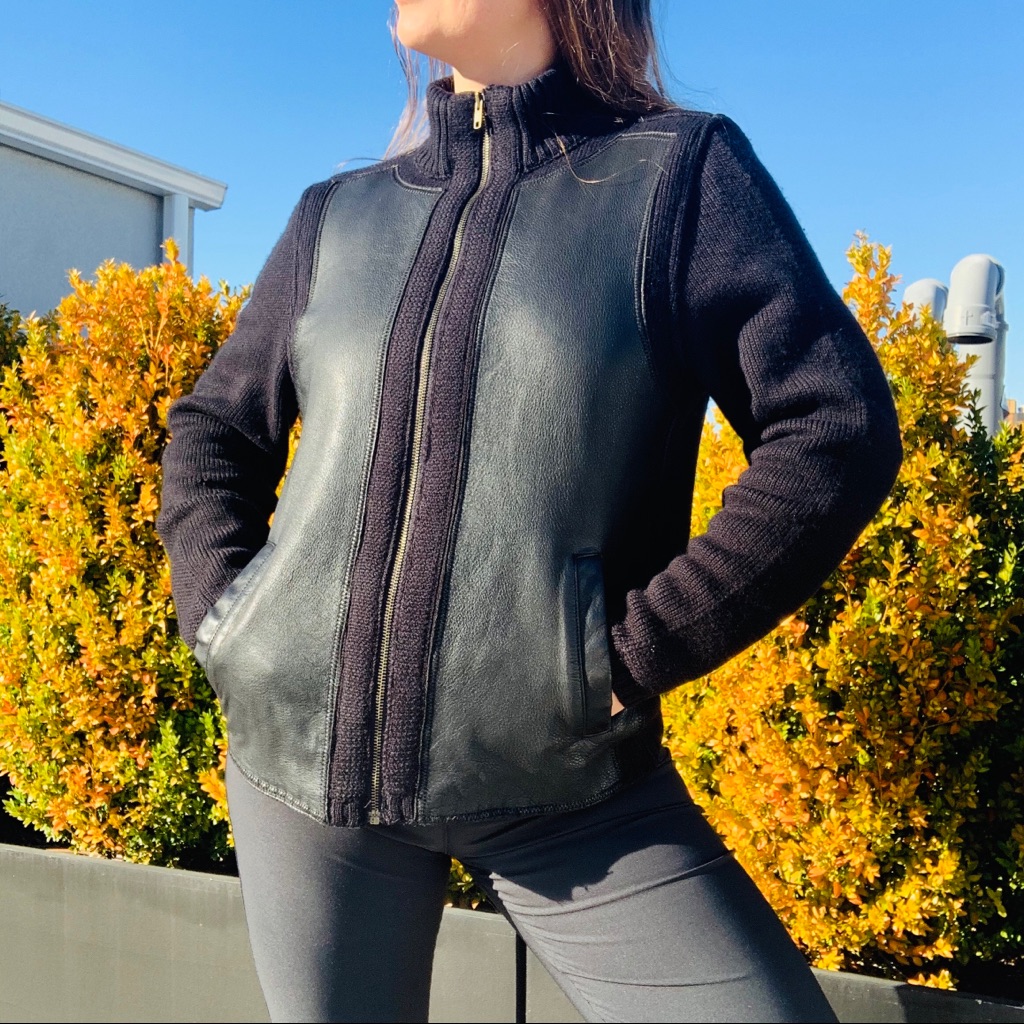 Brandini Le Collezioni It Genuine Leather Wool Knit Zipup Sweater Black Jacket S